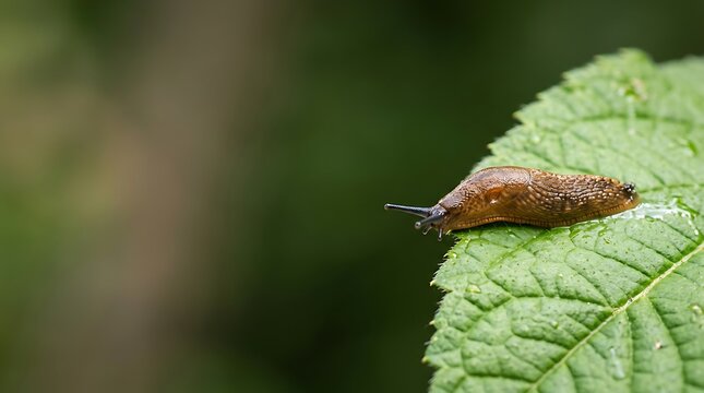 Brown slug crawling on the edge of a green leaf in macro view