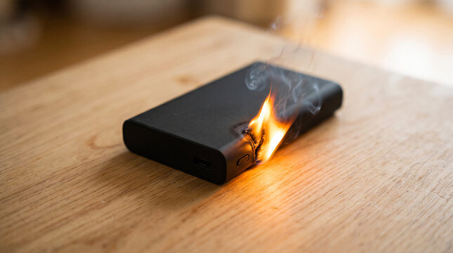 発火し火と煙を上げるモバイルバッテリー リチウムイオン電池の熱暴走と事故の危険性イメージ