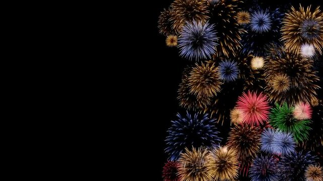 Colorful fireworks bursting against black night sky with golden, blue and red aerial explosions creating festive celebration background