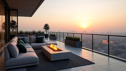 Fototapeta premium Luxury rooftop terrace with sectional sofa, rectangular fire pit, glass railing, panoramic city sunset view