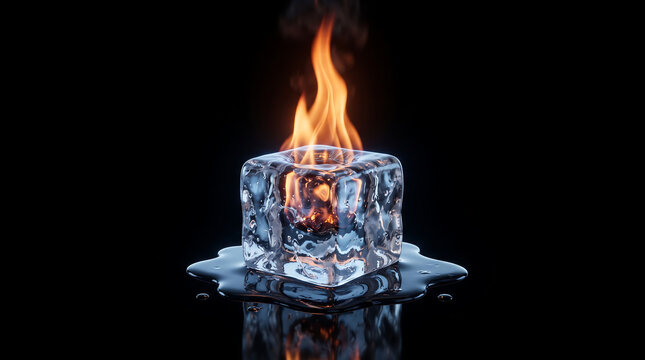 Melting ice cube on fire against black background with contrast abstract background elements impossible combustion temperature creative photography condensation transparency opposition