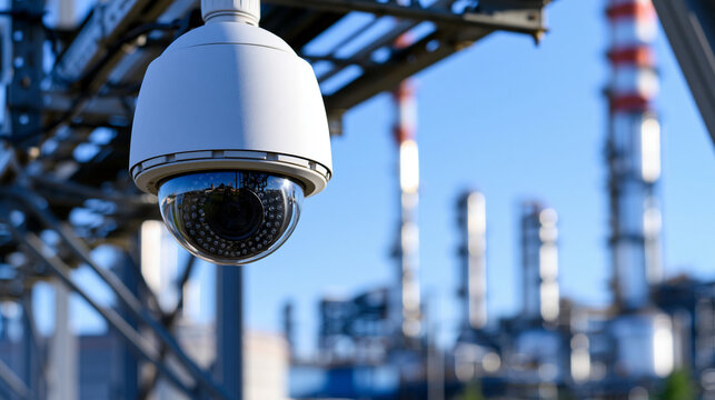 Industrial security camera monitoring a manufacturing facility. Surveillance system concept for factory safety.