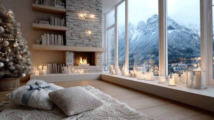 Fototapeta premium Warm and inviting living room featuring a stone fireplace, comfortable sofa, and stunning mountain view on a snowy day