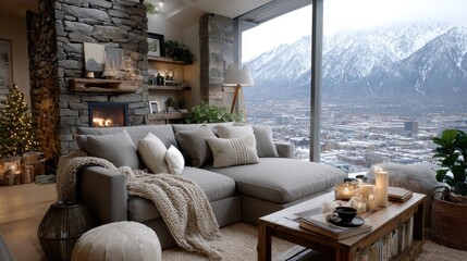 Fototapeta premium Warm and inviting living room featuring a stone fireplace, comfortable sofa, and stunning mountain view on a snowy day