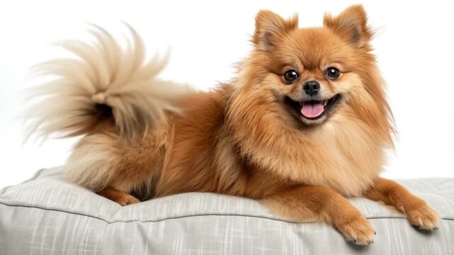 A cute fluffy orange Pomeranian dog relaxing comfortably on a soft gray couch. The dog gently moves its head, blinks naturally. Ai generated