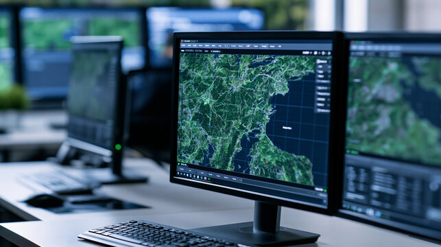 Control room monitors showing digital geographic maps. Technology concept for security operations.