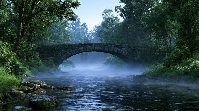 Old stone bridge over a misty forest river at dawn. Scenic landscape for nature and travel concepts.