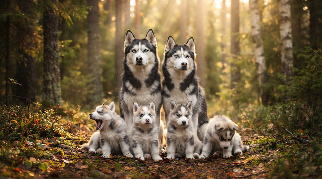 Family of siberian husky dogs in autumn forest with siberian sunlight beautiful majestic standing landscape woodland domestic adventure together pedigree