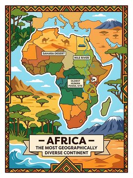 Educational map poster of africa showing geographical landmarks