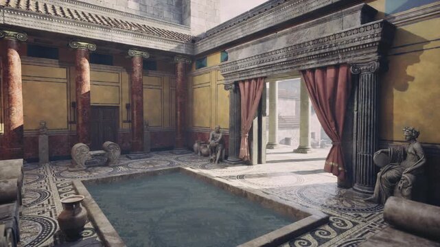 Museum atrium with classical sculptures and open skylight, polished mosaic borders and columned perimeters framing display space, curated heritage feel blending