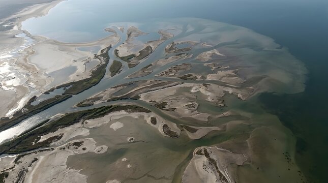 River Delta Sediment Plume and Distributary Channels Entering a Shallow Inland Sea