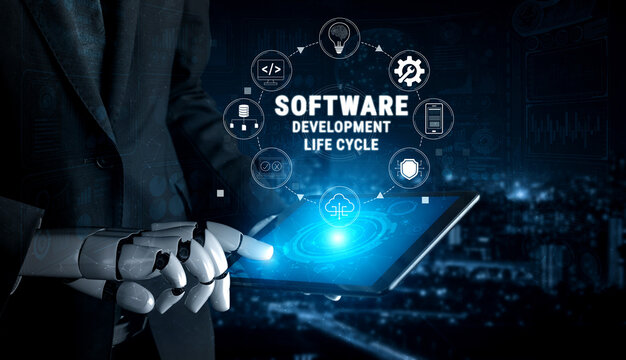 Futuristic Robot Hand Interacting with Digital Tablet Displaying Software Development Life Cycle Concept on Night City Background Quark.