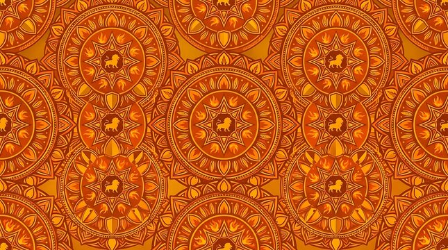 Golden mandala pattern with lion and fire motifs in warm orange tones