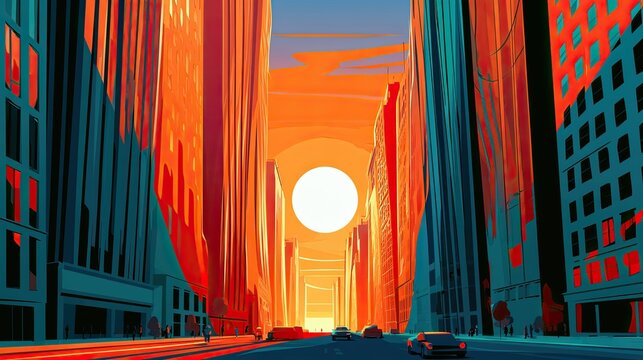 Bold flat illustration of an urban cityscape at sunset, featuring tall buildings, a vibrant sky, and silhouettes of people and vehicles on the street