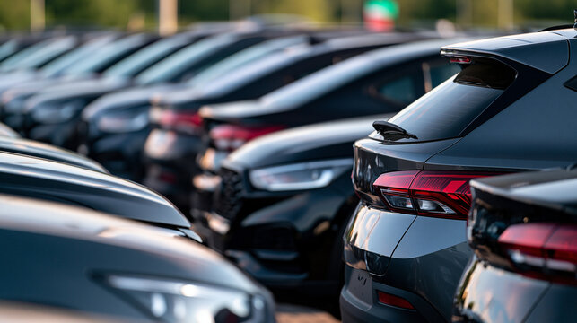 Row of new modern cars parked in a dealership lot under daylight. Perfect for automotive industry and transport.