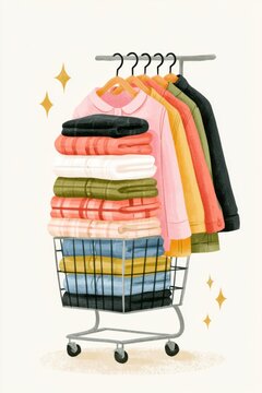 Retro hand drawn fashion illustration featuring a clothing rack with neatly folded garments in various colors, displayed in a shopping cart against a light background