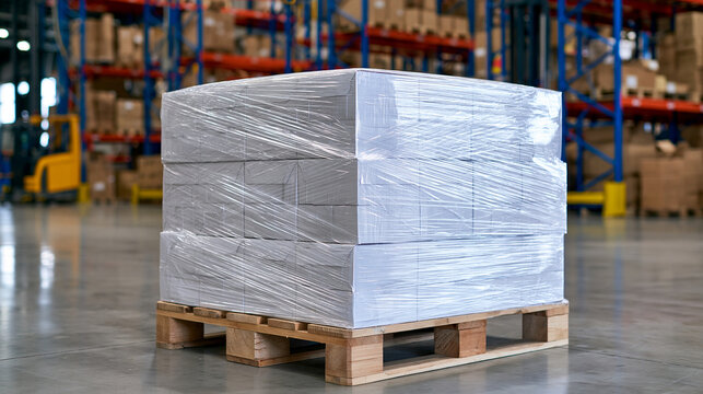 A stacked wooden pallet with shrink wrapped boxes in a distribution warehouse. Ideal for logistics and supply chain.
