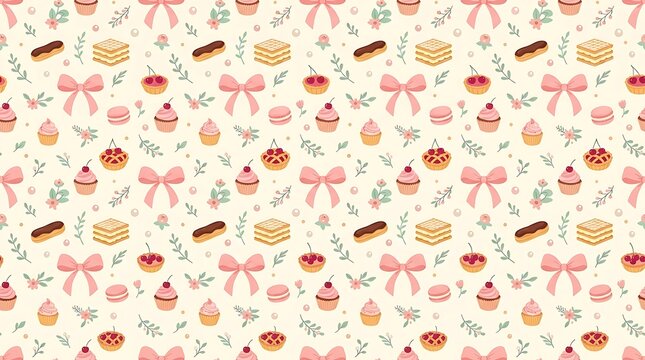 Sweet dessert and pink bow seamless pattern with floral accents