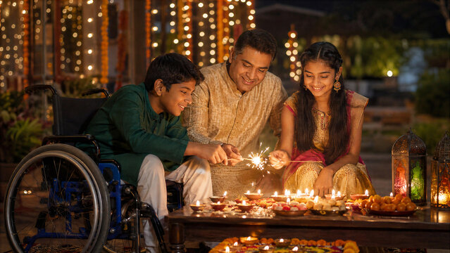 Indian Boy Using Wheelchair Holding Sparkler with Family During Diwali