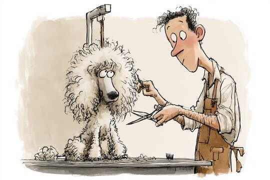 Hand drawn illustration of a dog groomer trimming a fluffy poodle's fur with scissors in a light-colored grooming salon setting