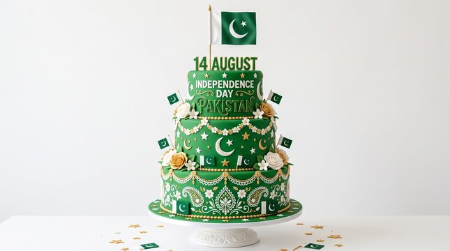 "Three‑tier green and white cake decorated with crescent, star, and Pakistan flag celebrating 14 August Independence Day"