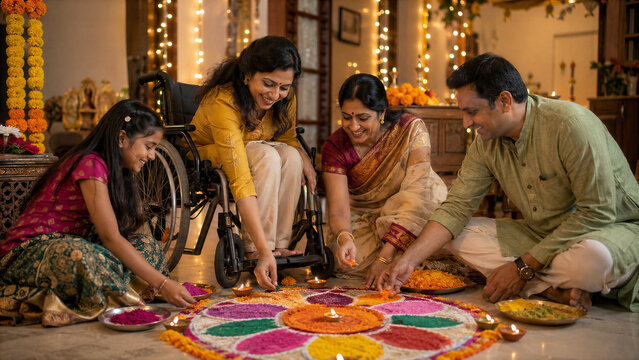 Indian Woman Using Wheelchair Making Rangoli with Family During Diwali