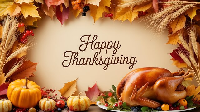 Roasted turkey with autumn wheat and colorful harvest leaves for banquet.