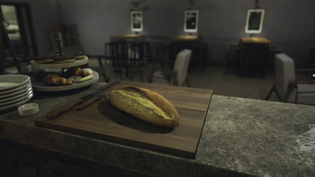 Loaf of bread on counter, rustic wooden board, granite countertop, stacked plates, empty bistro chairs and tables, dim warm lighting, moody late evening