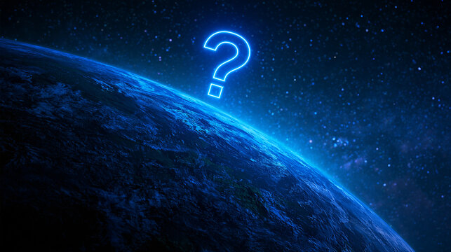 Neon question mark glowing over the Earth in space. Concept for global mystery or unknown future.
