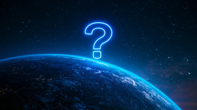 A glowing blue neon question mark hovering above planet Earth in space. Concept for global mystery or unknown future.