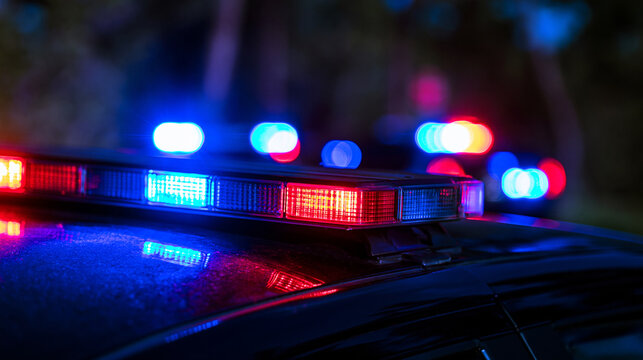 Close-up of emergency police car light bar flashing red and blue lights at night. Law enforcement concept for crime.