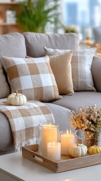 Warm lighting fills a cozy living room with a decorated fireplace, pumpkins, and a relaxed seating area perfect for gatherings