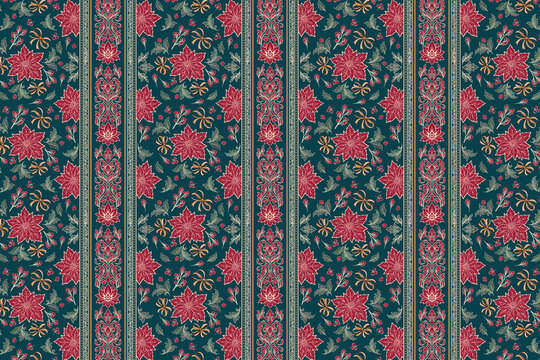 Vintage Poinsettia Christmas Wallpaper Ribbon Stripe Crimson and Gold Bows Winter Floral Botanical Carpet Pattern with Holiday Border Festive Damask Background Design