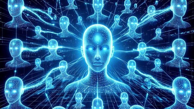 Digital human avatars connected by glowing neural network lines. Artificial intelligence and global communication concept. Lockdown shot.