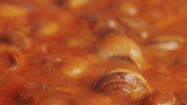 French snails, Close up of traditional spanish tapas - the boiled snails in tomato sauce with garlic and chili in black iron pan