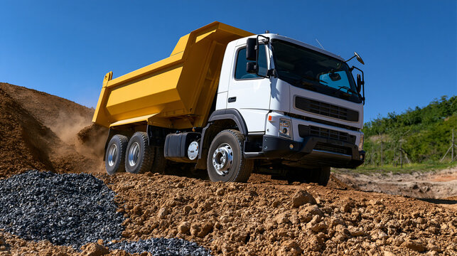 A white dump truck with a yellow bed unloads soil at a construction site. Ideal for heavy industry and engineering.