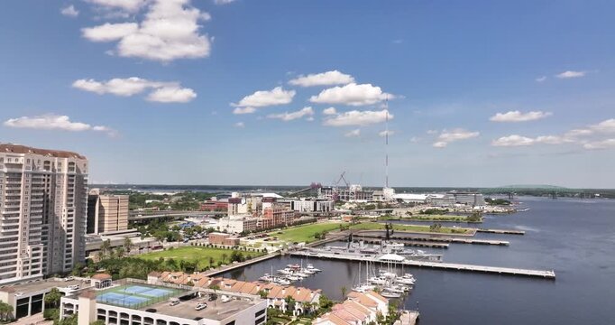  Aerial View of Jacksonville, Florida Riverfront Marina and Downtown Skyline June 27 2026 