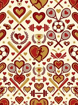 Seamless pattern featuring sports icons and hearts in red and gold