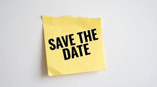 Save the date message on yellow sticky note, reminder paper on white background, wedding and event planning announcement