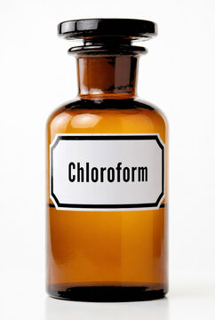 Amber glass apothecary bottle labeled Chloroform on white background