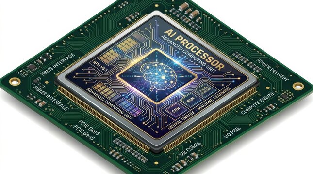 Advanced AI processor with multiple cores and high computing capacity on a circuit board in a tech environment