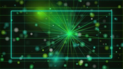 Obraz premium Green laser grid background with glowing particles for digital screen technology.