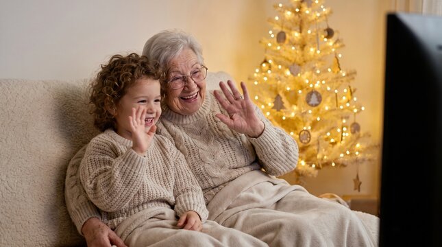 Happy grandmother and child celebrating holidays during online video call on television screen