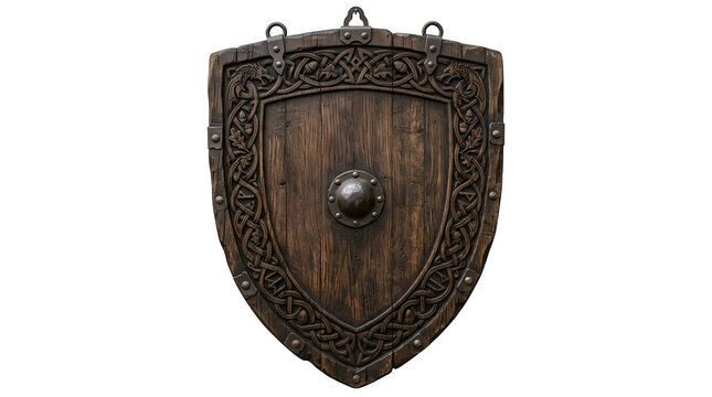 Ornate vikingstyle wooden shield with intricate celtic knotwork carving and central metal boss isolated on transparent background