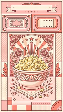 Vintage cinema poster art featuring popcorn and blank movie tickets