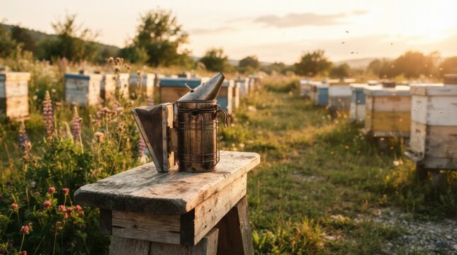Beekeeping smoker on wooden stand with smoke