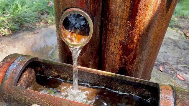 Close-up view of a traditional wooden water pipe with water flowing from a rustic outdoor spring