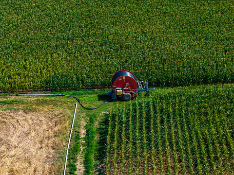 Aerial view of a red irrigation reel system operating in a lush green cornfield with rows of crops and a harvested patch in Hombourg, Grand Est, France.