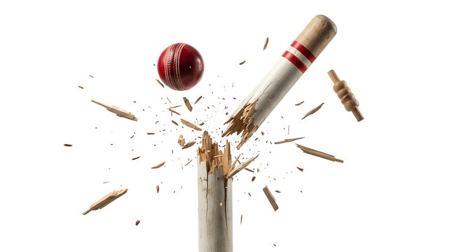 Cricket ball hitting and breaking the wooden stumps isolated on transparent background