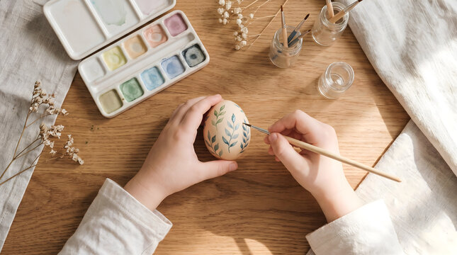 Top view flat lay of hands painting botanical leaves on an Easter egg with watercolors on a wooden table